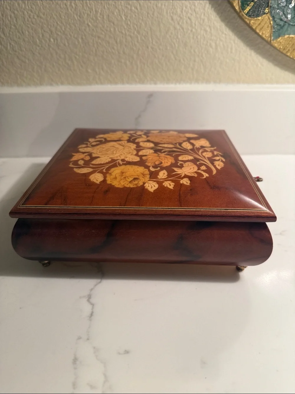 Vintage Italian Wooden Music Box with Floral Inlay
